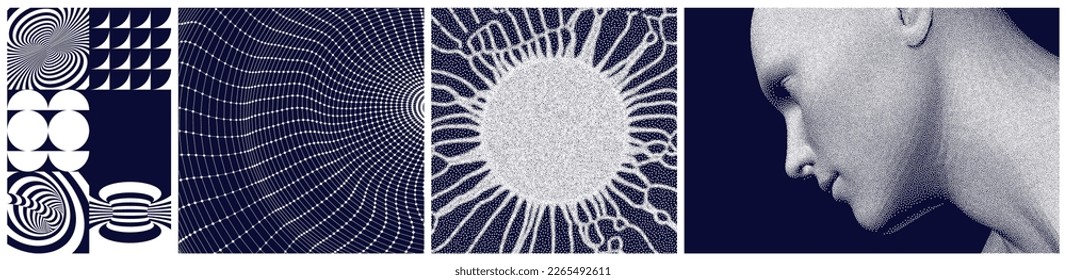 Cover design template. Art composition. Abstract man head. Scientific discoveries. Striped pattern with optical illusion. Solar emission. 3D vector for brochure, flyer, card, banner or cover.