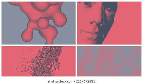 Cover design template. Art composition. Abstract man head. Scientific discoveries. Stipple effect. Grid surface with convex forms. 3D vector for brochure, flyer, card, banner or cover.