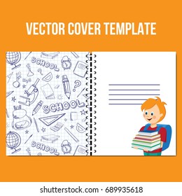 Cover design template. Back to school. Flat vector student illustration. School ink doodles in exercise book.