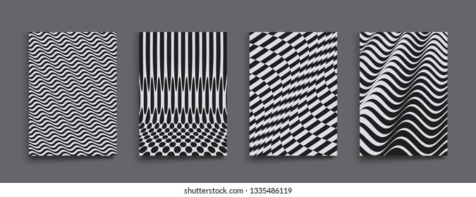 Modelo de design de capa. Design preto e branco. Padrão com ilusão ótica. Fundo geométrico 3D abstrato. Ilustração vetorial.