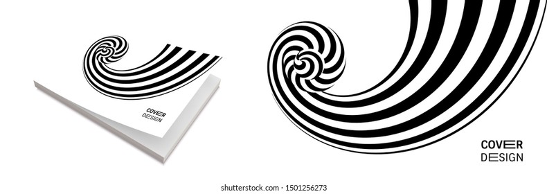Cover design template. Black and white pattern with optical illusion. Applicable for placards, banners, book covers, brochures, planners or notebooks. 3d vector illustration.