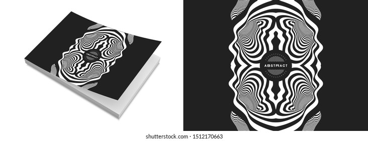 Cover design template. Black and white pattern with optical illusion. Applicable for placards, banners, book covers, brochures, planners or notebooks. 3d vector illustration.