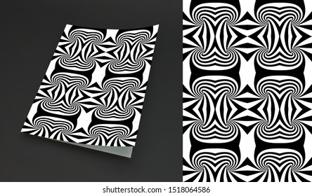 Cover design template. Black and white pattern with optical illusion. Applicable for placards, banners, book covers, brochures, planners or notebooks. 3d vector illustration.