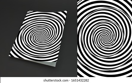 Cover design template. Black and white pattern with optical illusion. Applicable for placards, banners, book covers, brochures, planners or notebooks. 3d vector illustration.