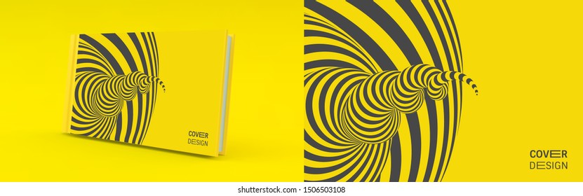 Cover design template. Black and yellow pattern with optical illusion. Applicable for placards, banners, book covers, brochures, planners or notebooks. 3d vector illustration.