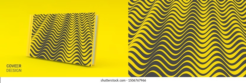 Plantilla de diseño de portada. Patrón negro y amarillo con ilusión óptica. Aplicable a carteles, carteles, portadas de libros, folletos, planificadores o cuadernos. Ilustración vectorial 3d.