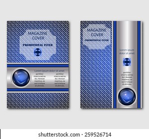 Cover design template of brochures, leaflets or books. Ornate blue background with silver grille and the jewel. Vector illustration