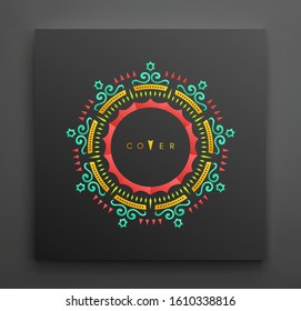 Plantilla de diseño de portada con elemento de círculo étnico. Ornamento redondo de Mandala. Estilo retro para invitaciones, carteles, afiches, carteles y insignias. 