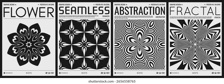 Cover design template. Flower. Abstract design elements. Optical art. Geometric background. Black and white striped pattern. 3D vector illustration for brochure, poster, presentation, flyer or banner.