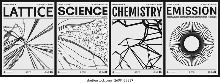 Cover design template. Grid. Small particles strive out of center. Abstract science or technology background. Connection structure. Optical fiber. Black and white. Vector for brochure, flyer or banner