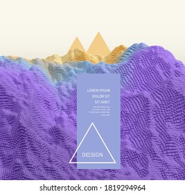 Plantilla de diseño de portada. Paisaje con montañas. Terreno montañoso. Antecedentes abstractos. Ilustración vectorial 3d.