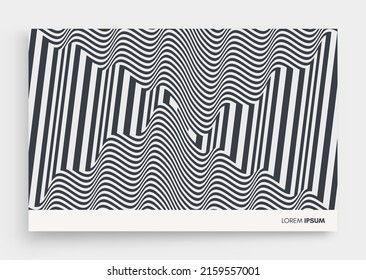 Design-Vorlage abdecken. Optische Kunstillustration für schwarz-weiße Quadrate. Der geometrische Hintergrund nach Streifen. 3D-Vektorgrafik für Broschüren, Magazine, Poster, Präsentationen, Flyer oder Banner.