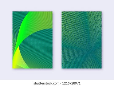 Cover design template set. Abstract lines modern brochure layout. Green vibrant halftone gradients on dark background. Mesmeric brochure, catalog, poster, book etc.