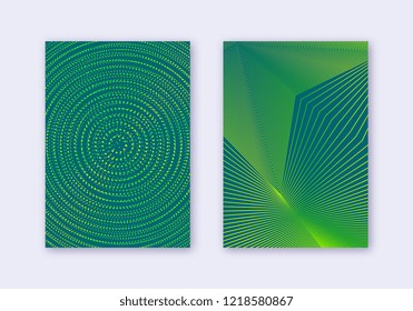Cover design template set. Abstract lines modern brochure layout. Green vibrant halftone gradients on dark background. Favorable brochure, catalog, poster, book etc.