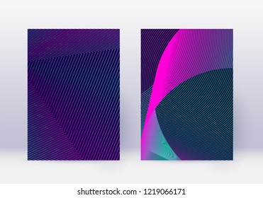Cover design template set. Abstract lines modern brochure layout. Neon vibrant halftone gradients on dark blue background. Terrific brochure, catalog, poster, book etc.