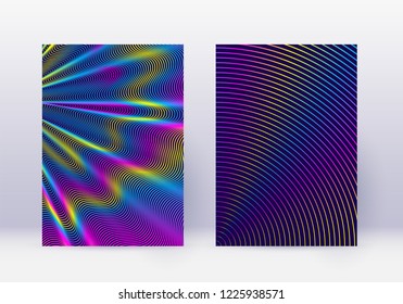 Cover design template set. Abstract lines modern brochure layout. Rainbow vibrant halftone gradients on dark blue background. Magnificent brochure, catalog, poster, book etc.