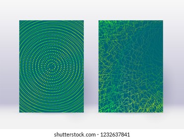 Cover design template set. Abstract lines modern brochure layout. Green vibrant halftone gradients on dark background. Flawless brochure, catalog, poster, book etc.