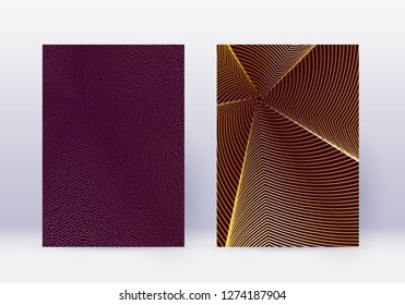 Cover design template set. Abstract lines modern brochure layout. Gold vibrant halftone gradients on maroon background. Appealing brochure, catalog, poster, book etc.