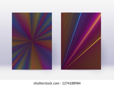 Cover design template set. Abstract lines modern brochure layout. Rainbow vibrant halftone gradients on wine red background. Bewitching brochure, catalog, poster, book etc.