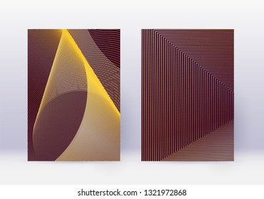 Cover design template set. Abstract lines modern brochure layout. Gold vibrant halftone gradients on maroon background. Amazing brochure, catalog, poster, book etc.