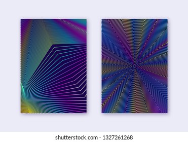 Cover design template set. Abstract lines modern brochure layout. Rainbow vibrant halftone gradients on dark blue background. Posh brochure, catalog, poster, book etc.