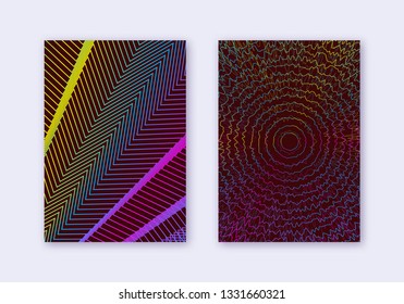 Cover design template set. Abstract lines modern brochure layout. Rainbow vibrant halftone gradients on wine red background. Unequaled brochure, catalog, poster, book etc.