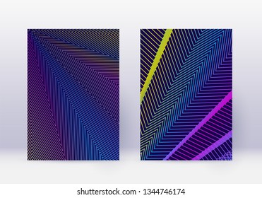 Cover design template set. Abstract lines modern brochure layout. Rainbow vibrant halftone gradients on dark blue background. Original brochure, catalog, poster, book etc.