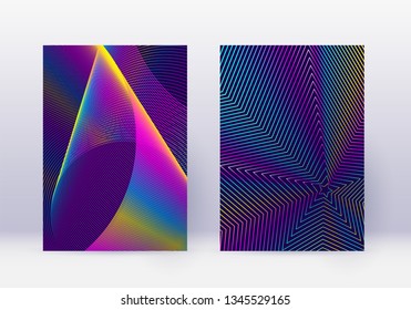 Cover design template set. Abstract lines modern brochure layout. Rainbow vibrant halftone gradients on dark blue background. Precious brochure, catalog, poster, book etc.