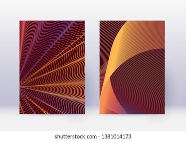 Cover design template set. Abstract lines modern brochure layout. Orange vibrant halftone gradients on wine red background. Comely brochure, catalog, poster, book etc.