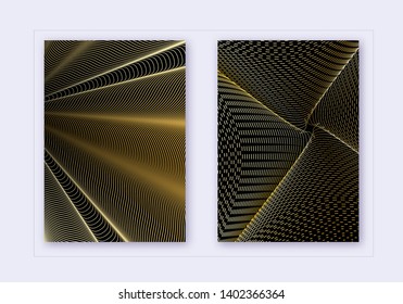 Cover design template set. Abstract lines modern brochure layout. Gold vibrant halftone gradients on black background. Optimal brochure, catalog, poster, book etc.
