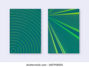 Cover design template set. Abstract lines modern brochure layout. Green vibrant halftone gradients on dark background. Majestic brochure, catalog, poster, book etc.