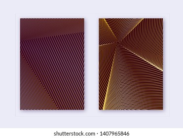 Cover design template set. Abstract lines modern brochure layout. Gold vibrant halftone gradients on maroon background. Comely brochure, catalog, poster, book etc.