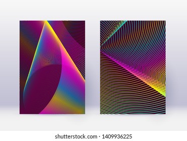 Cover design template set. Abstract lines modern brochure layout. Rainbow vibrant halftone gradients on wine red background. Classy brochure, catalog, poster, book etc.