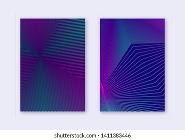 Cover design template set. Abstract lines modern brochure layout. Neon vibrant halftone gradients on dark blue background. Precious brochure, catalog, poster, book etc.