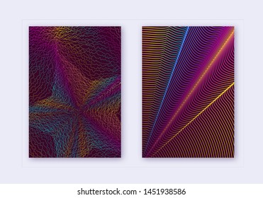 Cover design template set. Abstract lines modern brochure layout. Rainbow vibrant halftone gradients on wine red background. Actual brochure, catalog, poster, book etc.