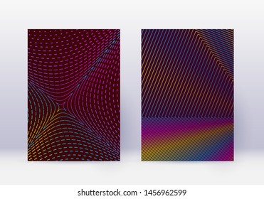 Cover design template set. Abstract lines modern brochure layout. Rainbow vibrant halftone gradients on wine red background. Divine brochure, catalog, poster, book etc.