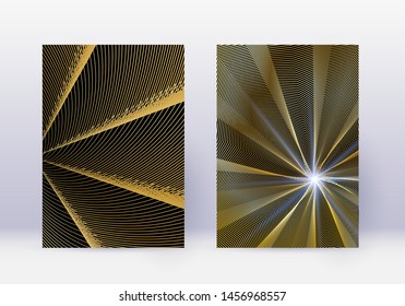 Cover design template set. Abstract lines modern brochure layout. Gold vibrant halftone gradients on black background. Precious brochure, catalog, poster, book etc.