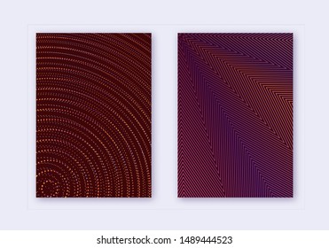 Cover design template set. Abstract lines modern brochure layout. Orange vibrant halftone gradients on wine-red background. Fetching brochure, catalog, poster, book etc.