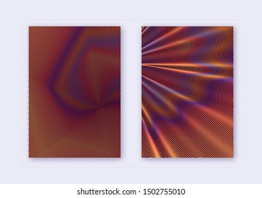 Cover design template set. Abstract lines modern brochure layout. Orange vibrant halftone gradients on wine-red background. Imaginative brochure, catalog, poster, book etc.