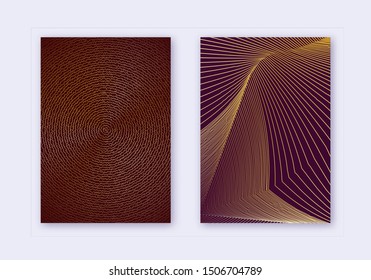 Cover design template set. Abstract lines modern brochure layout. Gold vibrant halftone gradients on maroon background. Classic brochure, catalog, poster, book etc.
