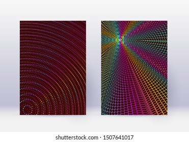 Cover design template set. Abstract lines modern brochure layout. Rainbow vibrant halftone gradients on wine red background. Symmetrical brochure, catalog, poster, book etc.