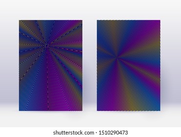 Cover design template set. Abstract lines modern brochure layout. Rainbow vibrant halftone gradients on dark blue background. Lovely brochure, catalog, poster, book etc.