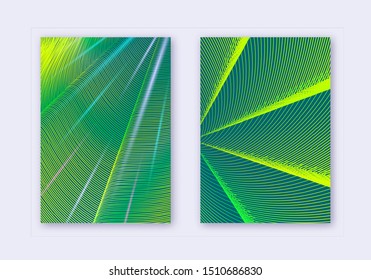 Cover design template set. Abstract lines modern brochure layout. Green vibrant halftone gradients on dark background. Graceful brochure, catalog, poster, book etc.