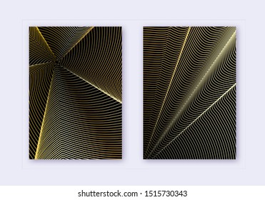 Cover design template set. Abstract lines modern brochure layout. Gold vibrant halftone gradients on black background. Radiant brochure, catalog, poster, book etc.