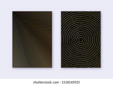 Cover design template set. Abstract lines modern brochure layout. Gold vibrant halftone gradients on black background. Valuable brochure, catalog, poster, book etc.