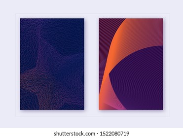 Cover design template set. Abstract lines modern brochure layout. Violet vibrant halftone gradients on dark background. Overwhelming brochure, catalog, poster, book etc.