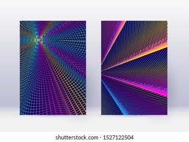 Cover design template set. Abstract lines modern brochure layout. Rainbow vibrant halftone gradients on dark blue background. Interesting brochure, catalog, poster, book etc.