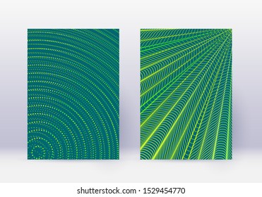 Cover design template set. Abstract lines modern brochure layout. Green vibrant halftone gradients on dark background. Lovely brochure, catalog, poster, book etc.