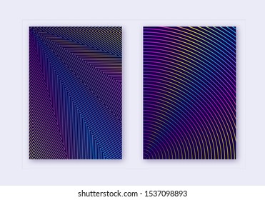Cover design template set. Abstract lines modern brochure layout. Rainbow vibrant halftone gradients on dark blue background. Mesmeric brochure, catalog, poster, book etc.