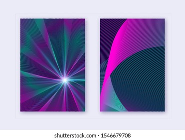 Cover design template set. Abstract lines modern brochure layout. Neon vibrant halftone gradients on dark blue background. Actual brochure, catalog, poster, book etc.